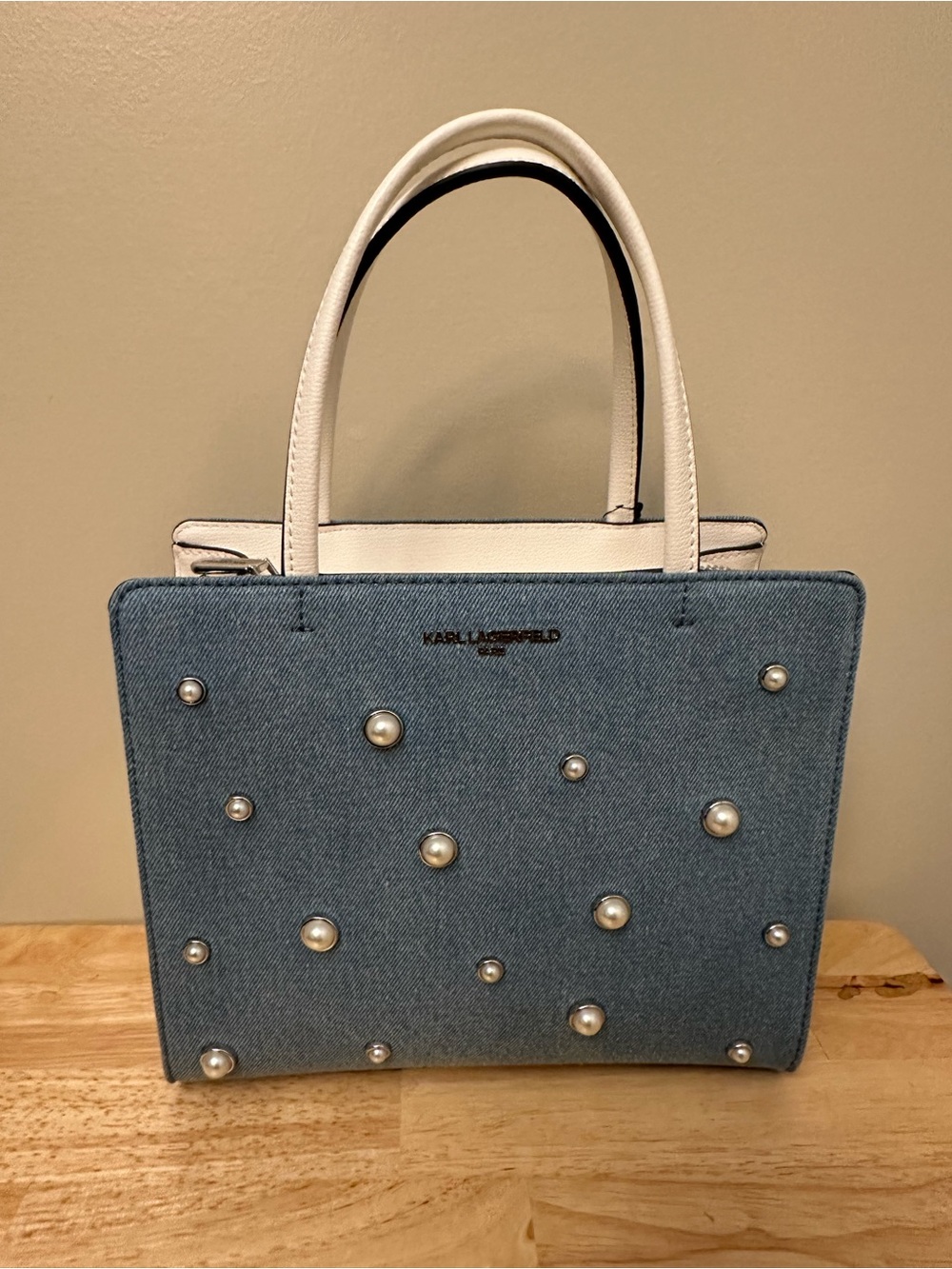 Karl Lagerfeld Denim Pearl-Embellished Satchel with White Handles - Picture 16 of 16